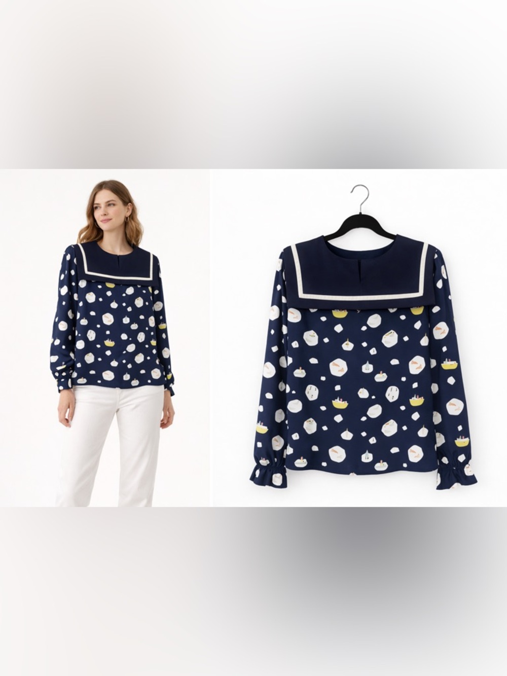 Lazzari x Katie Pugsley Navy Sailor Collar Blouse – Whimsical Print - Picture 2 of 4